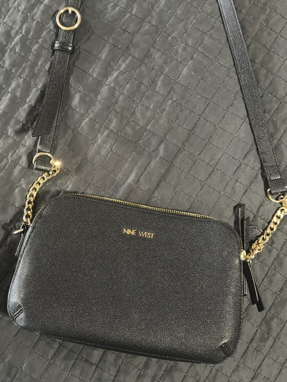 Nine West Black Pebbled Crossbody with Gold Chain Detail